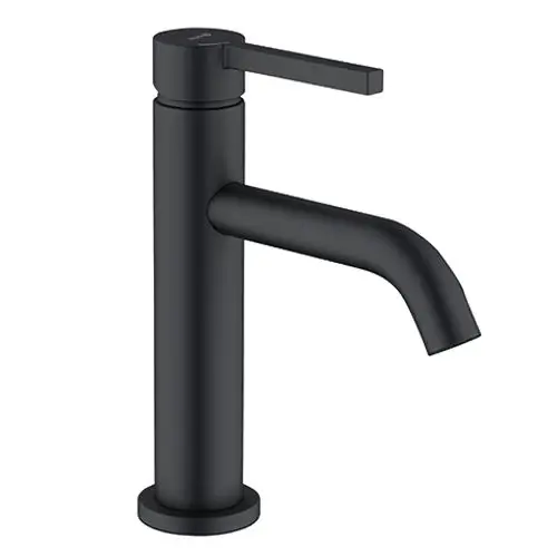 Kludi-Waschbeckenarmatur in mattschwarz mit einem hohen, zylindrischen Design und einem seitlichen Hebel zur Steuerung des Wasserflusses.
